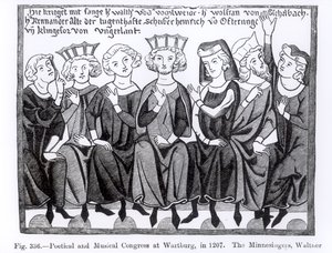 Poëtisch en Muzikaal Congres, Wartburg, 1207, illustratie uit Wetenschap en Literatuur in de Middeleeuwen en de Renaissance, geschreven en gegraveerd door Paul Lacroix, 1878 door German School