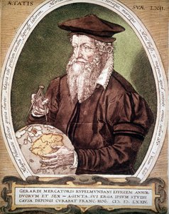Portret van Gerhard Kremer alias Gerardus Mercator (1512-1594). Valse titel van de eerste editie van de Atlas. door German School
