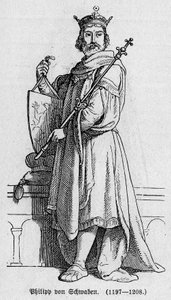 Portret van Filips I van Zwaben, bekend als Filips van Hohenstaufen (1176-1208), Duitse keizer, koning van de Romeinen en koning van Italië. Gravure in 