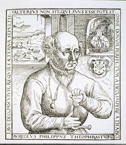 Portret van Theothrastus Paracelsus (1493-1541), kopie van een illustratie uit zijn boek Astronomica et Astrologica Pouscula, Keulen 1567, gebruikt in Geschiedenis van de Magie, gepubliceerd eind 19e eeuw