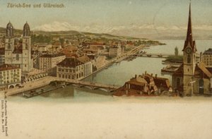 Ansichtkaart met een algemeen uitzicht op de stad Zürich door German School