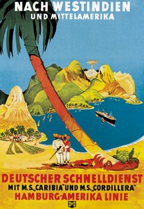 Poster die Hamburg-Amerika Linie routes naar de West-Indië en Midden-Amerika adverteert