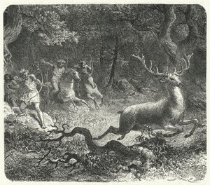 Prehistorische mensen die paarden gebruiken om te jagen (gravure) door German School