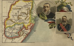 President Paul Kruger, Generaal Piet Joubert en een kaart van de Transvaal en Oranje Vrijstaat