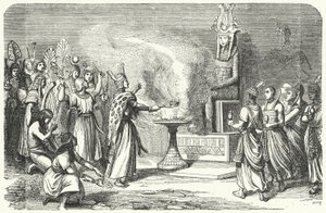 Priesters die een offer brengen in het oude Egypte (gravure)
