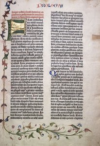 Proloog folio met gouden en groene letter "F", en rand van bladeren, bloemen, wijnstokken en vogel, 1455 door German School