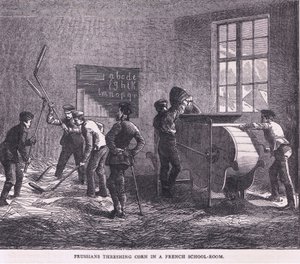 Pruisen die graan dorsen in een Franse school, Cassells Geschiedenis van de Oorlog tussen Frankrijk en Duitsland uitgegeven door Cassell and Company Limited, c.1890 door German School