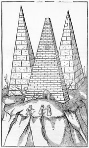 Piramides van Egypte, illustratie uit Cosmographie Universelle door Sebastien Munster, Basel, gepubliceerd 1554 door German School