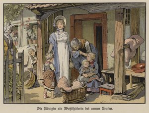 Koningin Louise van Pruisen, weldoenster voor de armen (kleur litho) door German School