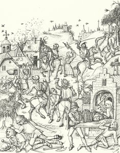 Verwoesting en plundering van een dorp (gravure) door German School