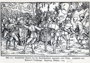 Opstandige boeren omringen een ridder, uit een illustratie bij Trostspiegel door Petrarca, 1539 door German School