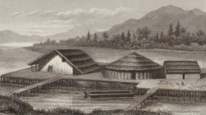 Reconstructie van een oud meer dorp. Illustratie voor Bilder-Atlas