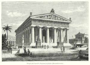 Reconstructie van de oude Griekse tempel van Poseidon, Paestum, Italië