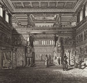 Reconstructie van de hal van een Assyrische koning. Illustratie voor Bilder-Atlas door German School