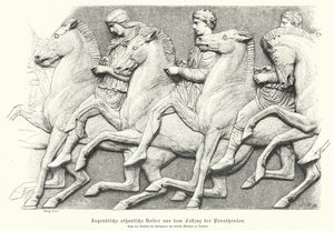 Reliëf van het Parthenon fries met Atheense jongeren te paard door German School