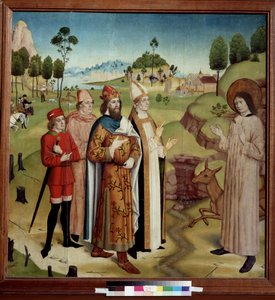 Ontmoeting van de Visigotische koning Wamba (672-680 na Chr.) en de heilige kluizenaar Gilles (Aegidius) (7e eeuw), gewond door een jager, met zijn hinde door German School