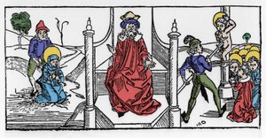 Voorstelling van het martelaarschap van Sint Symphorose, een christen uit de 2e eeuw, en haar zeven zonen, onder het bewind van keizer Hadrianus. Gravure uit 