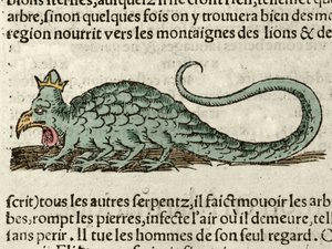 Voorstelling van het mythologische monster Basil. Houtsnede uit de Universele Kosmografie van Sebastien Munster. Bale