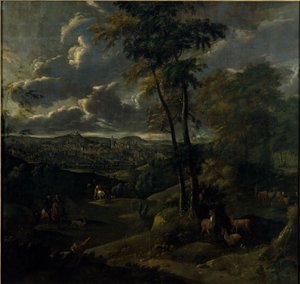 Ruiter in een landschap met een stad door German School