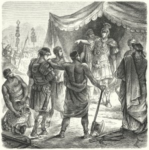 Romeinse consul Titus Manlius Torquatus veroordeelt zijn zoon ter dood voor het verlaten van zijn post in de strijd (gravure) door German School