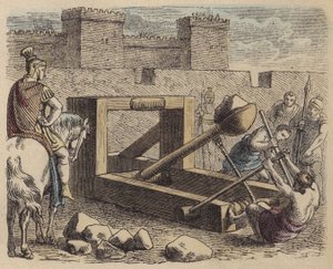 Romeinse belegeringskatapult (gekleurde gravure)