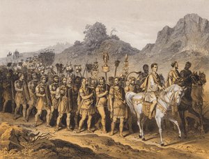 Romeinse soldaten op mars (kleurenlitho)