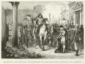 Romulus Augustulus geeft de keizerlijke insignia over aan Odoaker