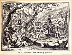 Plattelandsmensen in de Middeleeuwen. Duitse gravure uit de 18e eeuw. Anoniem. Bibl. van de Deco Arts. door German School