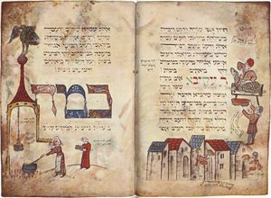 Offer van het Pascha-lam en passage van Rabbi Akiva, Exodus 12, Vers 22, Haggadah (perkament) door German School