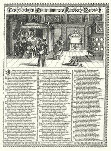 Satirisch gedicht over het roddelen van vrouwen (gravure)