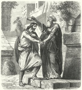 Saul gezalfd tot koning van Israël door Samuel (gravure) door German School