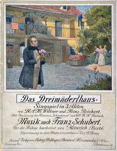 Partituur Omslag van Das Dreimaederlhaus (Het Huis van de Drie Meisjes) met Schubert voor het huis, 1916 door German School