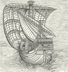 Zeeschip zeilend met de wind (gravure)