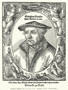 Sebastian Muenster, Duitse cartograaf, kosmograaf en auteur van Cosmographia, het vroegste werk dat de wereld in het Duits beschrijft (gravure)
