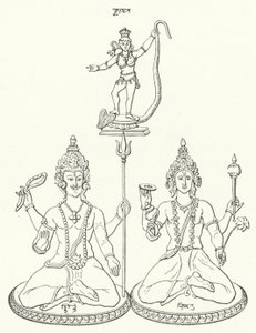 Shiva, Vishnu en Krishna, hindoegoden (gravure) door German School