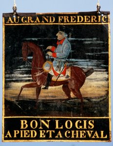 Wegwijzer met Frederik de Grote te paard voor de herberg Le Cadiot door German School