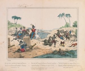 Schermutseling tussen troepen van Keizer Fuastin I van Haïti en de Dominicaanse Republiek van Santo Domingo in april 1851, picturaal pamflet uitgegeven door Fried. Schulz Verlag, Stuttgart, 1851
