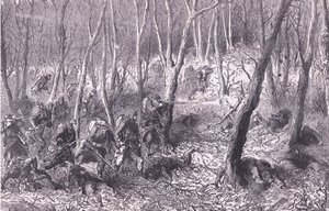 Schermutseling in de bossen buiten Parijs, Cassells Geschiedenis van de Oorlog tussen Frankrijk en Duitsland, uitgegeven door Cassell and Company Limited, ca. 1890 door German School