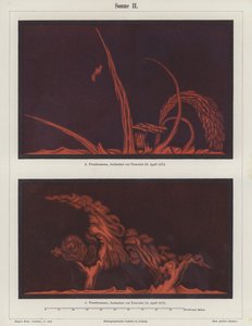 Zonne-uitbarstingen waargenomen door de Franse kunstenaar en astronoom Etienne Leopold Trouvelot op 15 en 29 april 1872 door German School