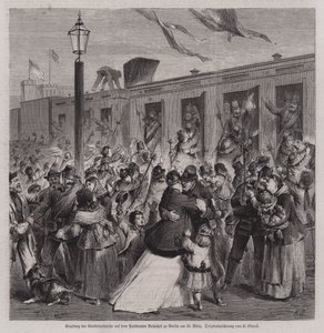 Soldaten van de Pruisische Gardelandwehr verwelkomd op Potsdam Station, Berlijn, bij hun terugkeer van de Frans-Pruisische Oorlog, 22 maart 1871 door German School