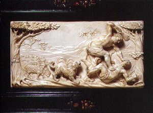 Zuid-Duits Kunstkabinet, detail van gesneden plaquette die Kaïn en Abel uitbeeldt, 1690