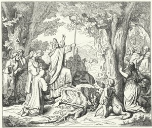 St. Bonifatius velt de eik van Donar, heilig voor de heidense Germanen (gravure) door German School