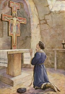 Franciscus voor het icoon van de gekruisigde Christus in de kerk van San Damiano (kleurenlitho)