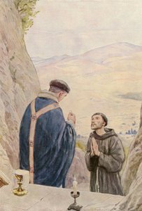 Franciscus viert mis met broeder Leo (kleurenlitho)
