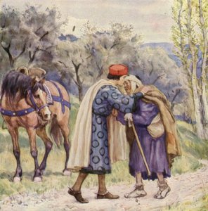 Franciscus kust een melaatse (kleurenlitho)