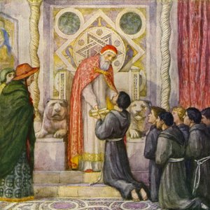 Franciscus ontvangen door paus Innocentius III (kleurenlitho)