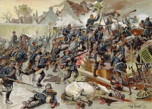 Bestorming van de grote barricade bij de ingang van Le Bourget door het Queen Elisabeth 3e Regiment Grenadier Guards, Frans-Pruisische Oorlog, 30 oktober 1870 door German School