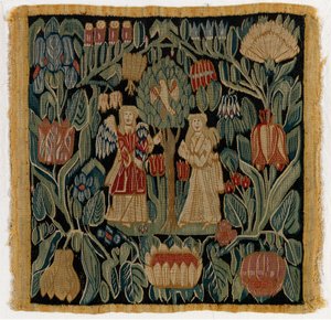Wandtapijtkussenhoes met de Aankondiging, uit Nedersaksen of Denemarken, na 1600 door German School