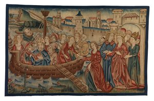 Tapijtpaneel met de ontmoeting van St. Ursula en Prins Artherius in Mainz, uit Midden-Rijnland, eind 15e eeuw (wol & metaalgaren) door German School