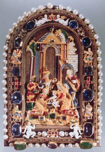 De aanbidding van de koningen, reliëfplaat omlijst met miniatuurfiguren van de vier evangelisten en putti afgewisseld met saffieren, uit München